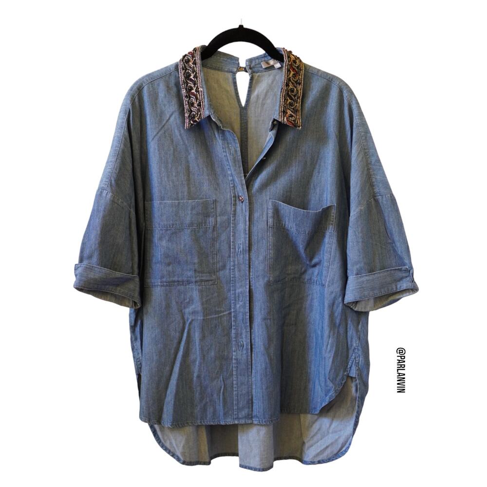 Abito Vintage Casual Denim Button Shirt Beaded Jacquard Collar Blue Small